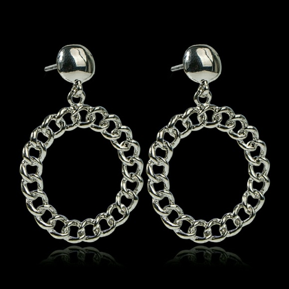 Cuban Link Hoop Drop Earrings - Picture 2 of 7